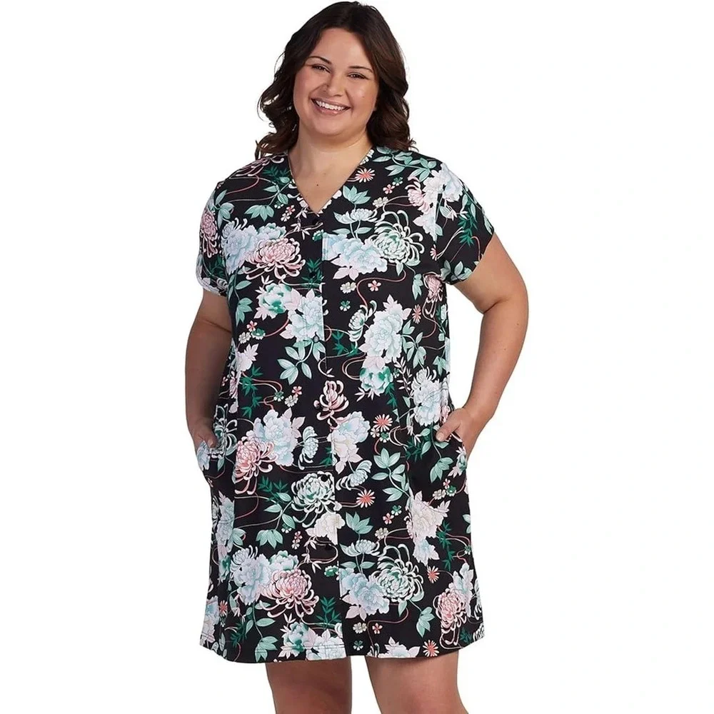 Miss Elaine Women's Interlock Knit Floral Short Robe with Snap‎ Closure - XL
